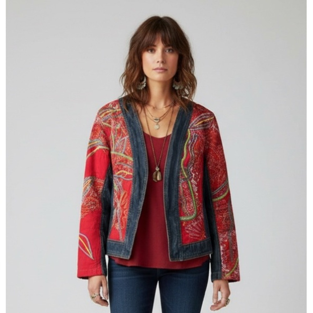 Y2K Chico's Boho Embroidered Denim Jean Jacket Sz 0 S‎ Open Front Red Multicolor